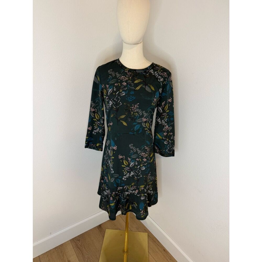 Banana Republic Dark Green Floral Ruffle-Hem Dress -‎ Size 4